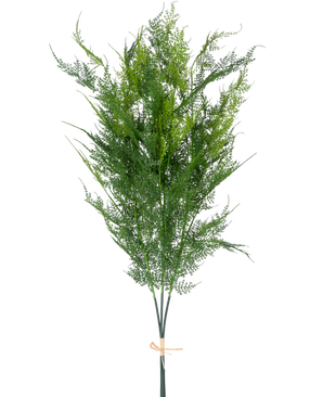 El Helecho Artificial Rama Deluxe de 127 cm tiene helechos artificiales altos, de color verde claro como una pluma, atados con una cuerda de color tostado, sobre un fondo blanco liso.