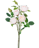 La rama de rosa artificial doble Real Touch rosa claro 80 cm tiene un tallo con tres rosas rosa claro completamente florecidas, dos capullos de rosa y varias hojas verdes sobre un fondo blanco.