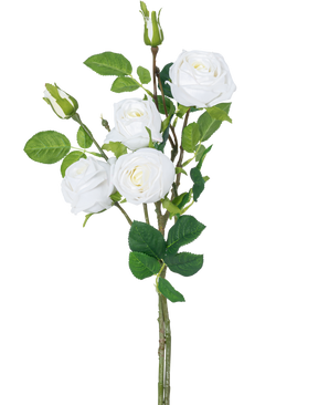 La rama de rosa artificial doble Real Touch blanca de 80 cm tiene un tallo con tres rosas artificiales blancas en flor, hojas verdes y capullos de rosa sobre un fondo blanco liso.