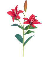 La Flor Artificial Lirio Real Touch rojo 95 cm tiene un tallo con dos flores de lirio rojas abiertas, un capullo cerrado y varias hojas verdes, todo ello sobre un fondo blanco.