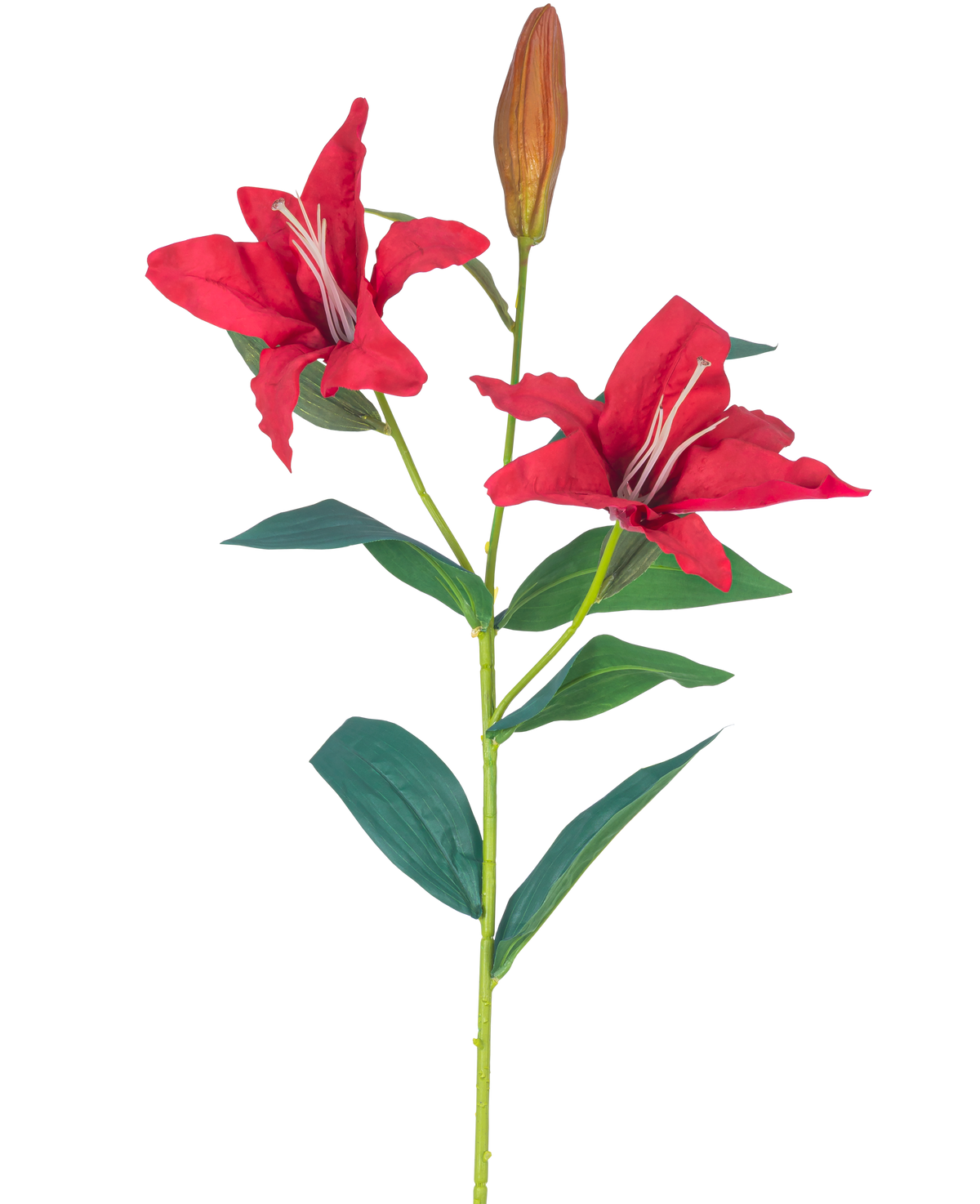 La Flor Artificial Lirio Real Touch rojo 95 cm tiene un tallo con dos flores de lirio rojas abiertas, un capullo cerrado y varias hojas verdes, todo ello sobre un fondo blanco.