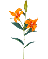 La flor artificial Lirio Real Touch naranja 95 cm tiene un solo tallo con dos lirios naranjas abiertos, un capullo cerrado en la parte superior y hojas verdes largas y estrechas, todo ello sobre un fondo blanco.