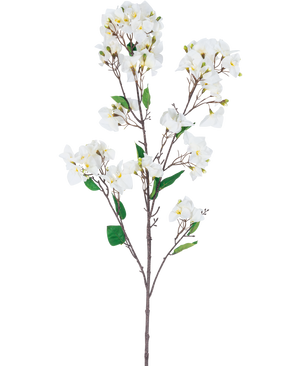 La flor artificial Bougainvillea 120 cm blanca es un tallo de flor artificial con múltiples ramas marrones, hojas verdes y ramos de flores blancas con centro amarillo, representadas sobre un fondo blanco.