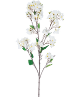 La flor artificial Bougainvillea 120 cm blanca es un tallo de flor artificial con múltiples ramas marrones, hojas verdes y ramos de flores blancas con centro amarillo, representadas sobre un fondo blanco.
