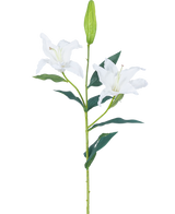 La Flor Artificial Lirio Real Touch blanco 95 cm tiene un único tallo verde con dos flores de lirio blancas abiertas, hojas de color verde oscuro y un capullo cerrado, sobre un fondo blanco liso.