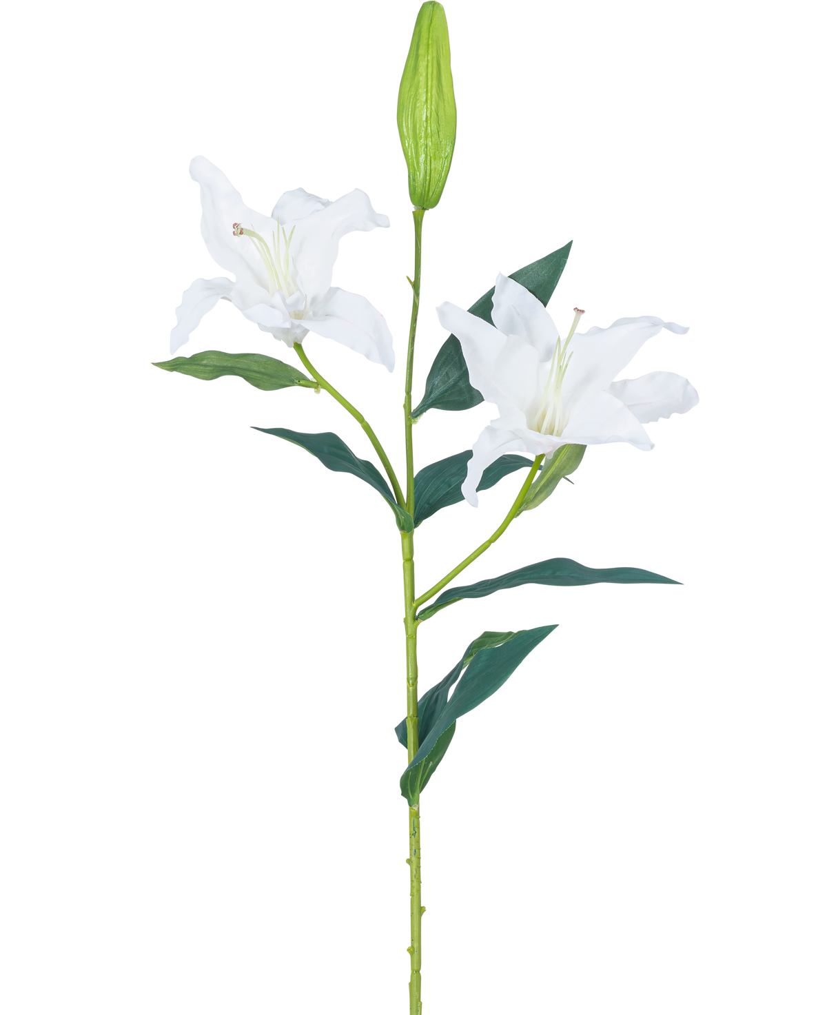 La Flor Artificial Lirio Real Touch blanco 95 cm tiene un único tallo verde con dos flores de lirio blancas abiertas, hojas de color verde oscuro y un capullo cerrado, sobre un fondo blanco liso.