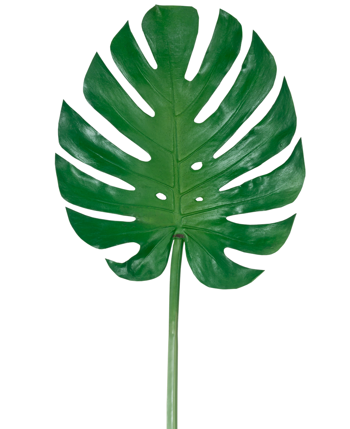 La Hoja Artificial Monstera de 88 cm es una gran hoja artificial de monstera verde con profundas hendiduras y perforaciones, sobre un fondo blanco liso.