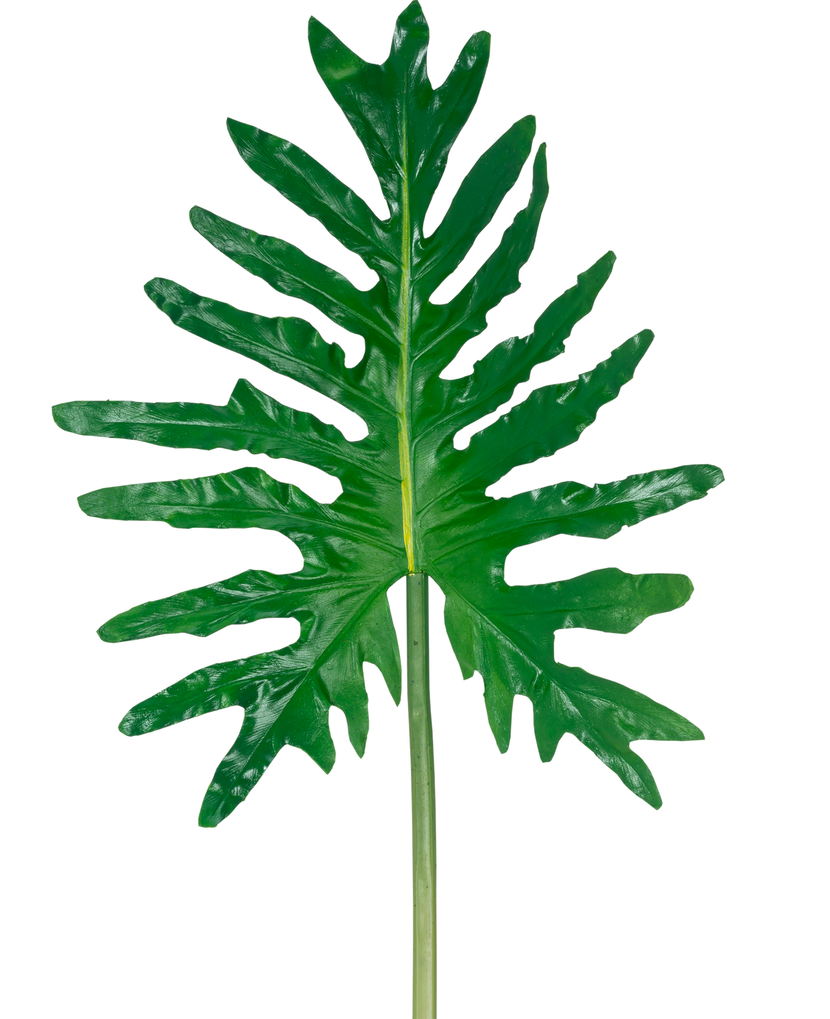 La Hoja Artificial de Filodendro de 90 cm tiene una gran hoja dividida de color verde con lóbulos profundos y un tallo largo, sobre un fondo blanco liso.