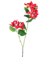 La Flor Artificial Rododendro 85 cm rojo claro es un tallo artificial con hojas verdes y dos ramos de flores de color rojo claro y blanco sobre un fondo blanco.