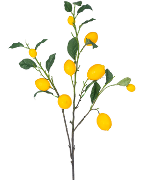 La Rama Artificial Limón 104 cm amarillo tiene una rama con varios limones de color amarillo brillante y hojas verdes sobre un fondo blanco.