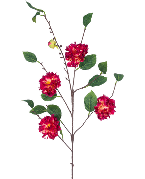 La flor artificial Camelia japonesa de 95 cm rojo vino tiene una rama marrón con hojas verdes, racimos de vibrantes flores de color rojo vino y amarillo y un pequeño capullo cerrado, todo ello sobre un fondo blanco.