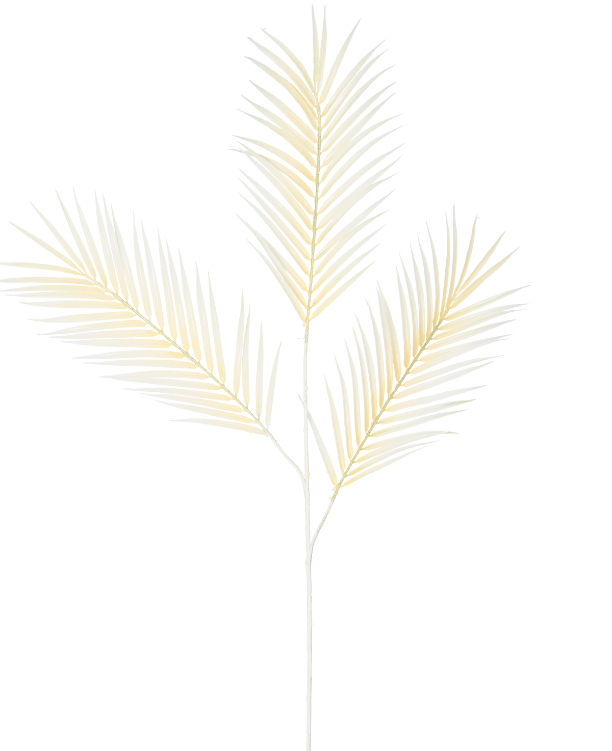 El helecho artificial grande de 101 cm blanco tiene una delicada hoja de palma de color amarillo claro con tres hojas ramificadas sobre un fondo blanco liso.