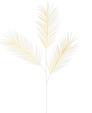 El helecho artificial grande de 101 cm blanco tiene una delicada hoja de palma de color amarillo claro con tres hojas ramificadas sobre un fondo blanco liso.