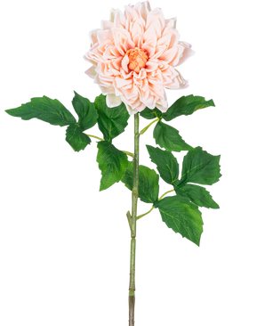 El Kunst Georgine Real Touch Light Pink 70 cm tiene una sola dalia de color rosa claro con pétalos en capas y un corazón amarillo sobre un largo tallo verde con varias hojas verdes grandes y dentadas.