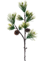 La rama artificial de pino negro de 100 cm verde tiene largas y delgadas agujas de pino verdes y dos piñas marrones sobre un fondo blanco liso.