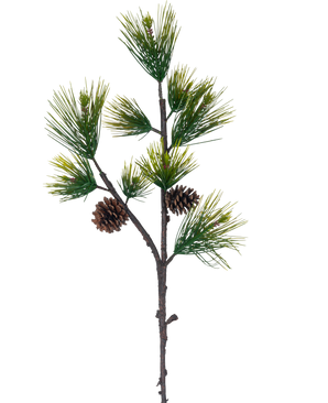 La rama artificial de pino negro de 100 cm verde tiene largas y delgadas agujas de pino verdes y dos piñas marrones sobre un fondo blanco liso.