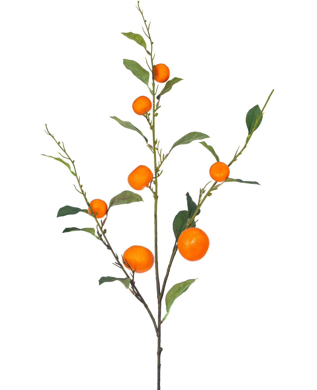 Sobre un fondo blanco liso se representa una rama de mandarina artificial de 93 cm de color naranja con hojas verdes y varias mandarinas naranjas maduras.