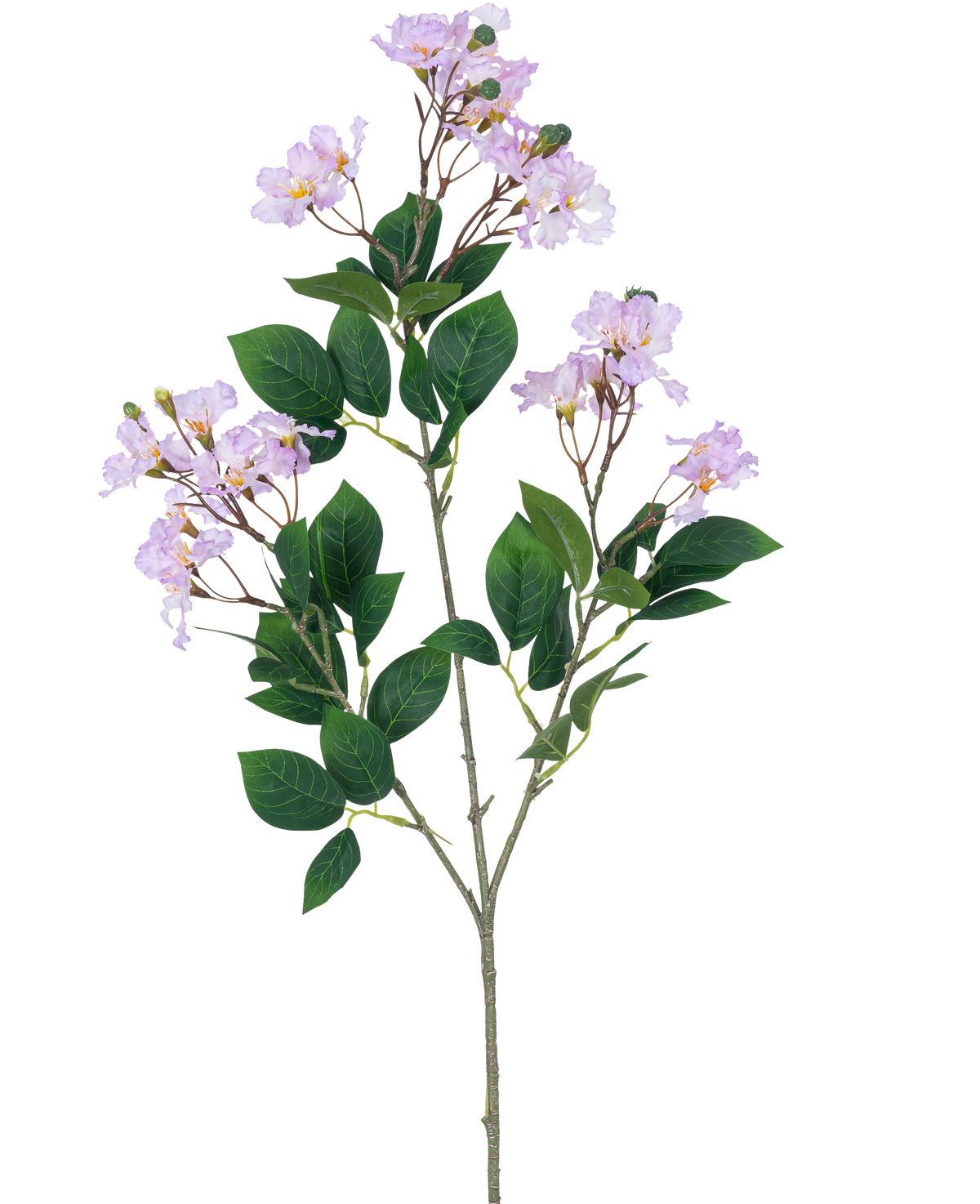 Una sola Flor Artificial Lagerstroemia de 92 cm de color violeta con ramos de flores de color violeta claro y varias hojas verdes, sobre un fondo liso blanco.