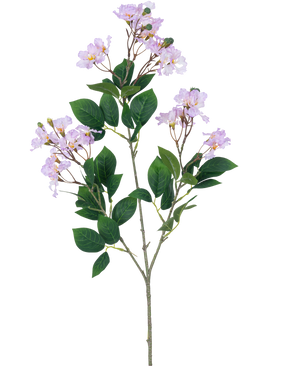 Una sola Flor Artificial Lagerstroemia de 92 cm de color violeta con ramos de flores de color violeta claro y varias hojas verdes, sobre un fondo liso blanco.