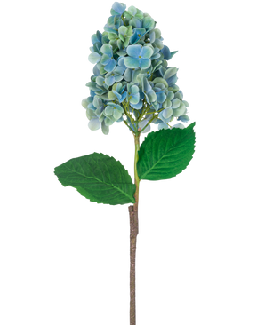 Un solo tallo de Hortensia Artificial de 93 cm de color azul con flores de hortensia azules y verdes con exuberantes hojas verdes, aisladas sobre un fondo blanco.