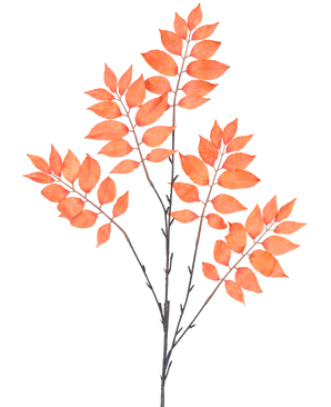El helecho artificial ramificado de 83 cm de color naranja tiene tres manojos de tallos delgados y oscuros con numerosas hojas ovaladas de color rojo anaranjado, simétricas y abiertas sobre un fondo blanco.