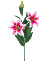 La flor de lirio artificial rosa de 85 cm tiene dos lirios en flor de color rosa y blanco, un capullo cerrado y varias hojas largas y verdes, hermosas sobre un fondo blanco.