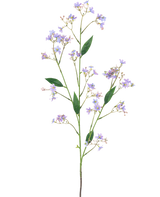 La rama artificial Daphne Spray 108 cm violeta tiene un largo tallo verde con múltiples ramas, cada una decorada con pequeñas flores violetas y hojas verdes, sobre un fondo blanco liso.