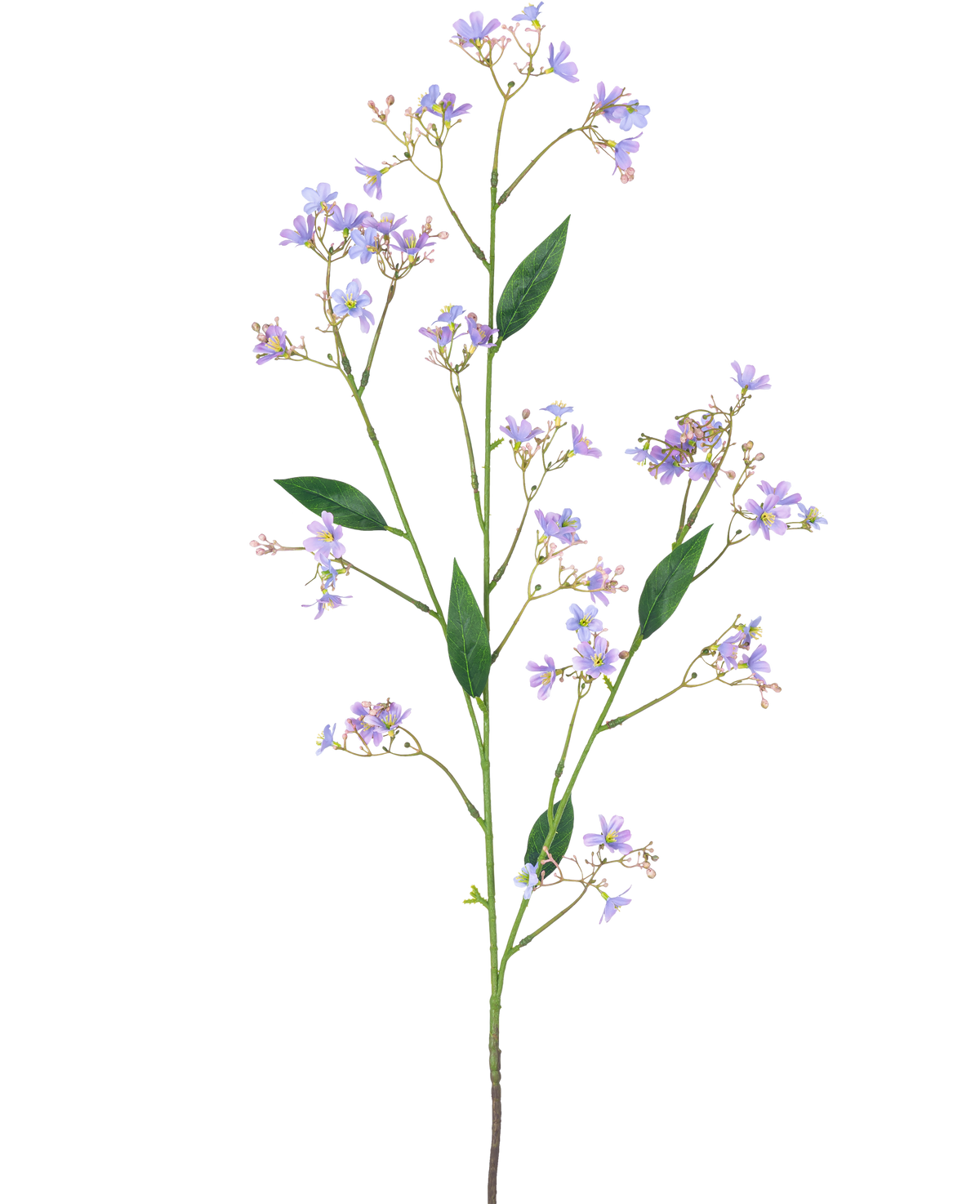 La rama artificial Daphne Spray 108 cm violeta tiene un largo tallo verde con múltiples ramas, cada una decorada con pequeñas flores violetas y hojas verdes, sobre un fondo blanco liso.