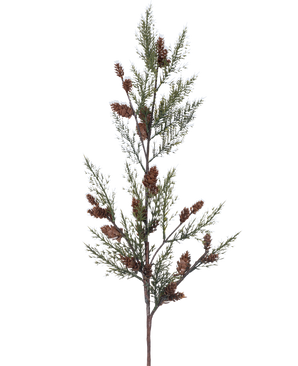 La Rama Artificial Pino Aguja 85 cm verde tiene una rama con finas hojas verdes en forma de aguja y manojos de pequeñas piñas marrones, aisladas sobre un fondo blanco.