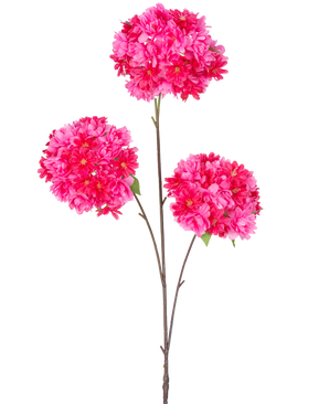La Rama de Cerezo en Flor Artificial 85 cm rosa tiene un solo tallo con tres ramos de flores de cerezo artificiales de color rosa brillante y hojas verdes sobre esbeltas ramas de color marrón, aisladas sobre un fondo blanco.