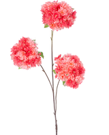 Un único y fino tallo marrón de la rama artificial de flor de cerezo de 85 cm de coral contiene tres ramos de vibrantes flores de cerezo de color rosa y coral con hojas verdes, sobre un fondo blanco liso.