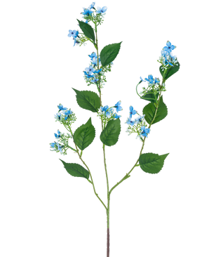 La Flor Artificial Hortensia Salvaje 93 cm azul tiene un único tallo artificial con múltiples ramas, hojas verdes y racimos de pequeñas y delicadas flores de color azul claro.
