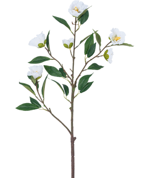 La flor artificial Camelia 80 cm blanca tiene una sola rama con varias hojas verdes y varias flores blancas sobre un fondo blanco liso.