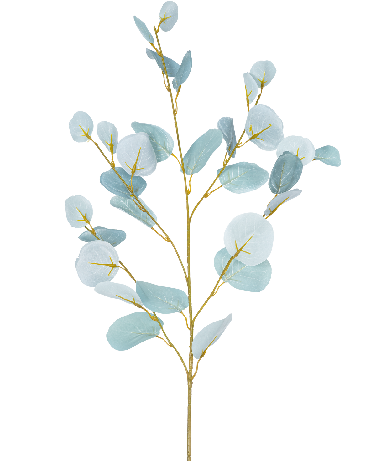 La Rama Artificial de Eucalipto de 84 cm es un único tallo artificial con múltiples ramas, con hojas redondas de color azul verdoso claro sobre un fondo blanco liso.