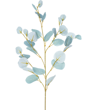 La Rama Artificial de Eucalipto de 84 cm es un único tallo artificial con múltiples ramas, con hojas redondas de color azul verdoso claro sobre un fondo blanco liso.