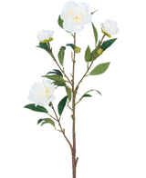 La Flor Artificial Camelia 80 cm blanca tiene un único tallo marrón con múltiples hojas verdes y varias flores de camelia blancas, algunas en flor y otras en forma de capullo, todo sobre un fondo blanco liso.