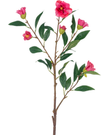 La Flor Artificial Camelia 80 cm rosa es un solo tallo con múltiples ramas, hojas verdes y varias flores y capullos de color rosa brillante, aislados sobre un fondo blanco.