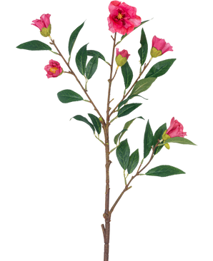 La Flor Artificial Camelia 80 cm rosa es un solo tallo con múltiples ramas, hojas verdes y varias flores y capullos de color rosa brillante, aislados sobre un fondo blanco.