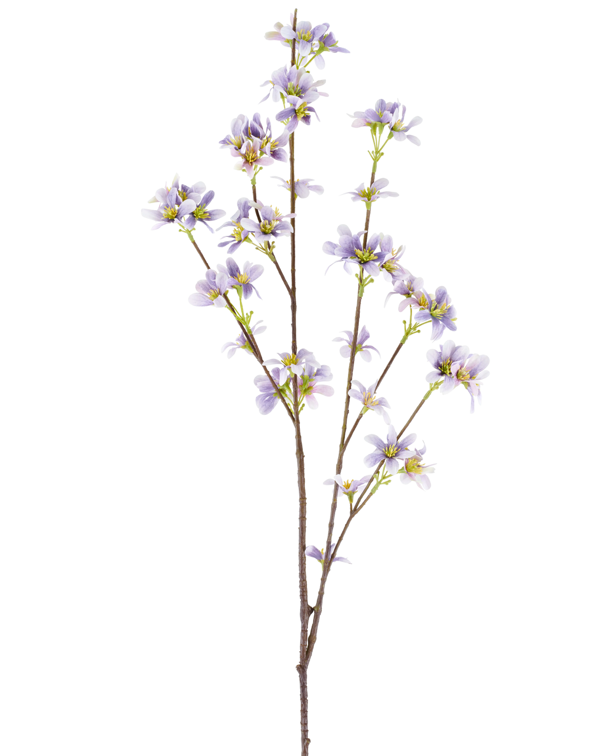 Una “Rama de flores artificiales de 112 cm de color violeta” con una rama floral con delicadas flores de color violeta lavanda y centros amarillos sobre delgados tallos marrones, representada sobre un fondo blanco.