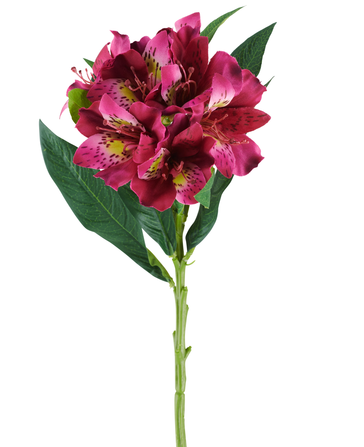 Un solo tallo de flor de Alstroemeria Artificial de 74 cm en tonos rojos y morados, con flores realistas y hojas verdes, aislado sobre un fondo blanco.