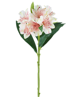 Un solo tallo de flor artificial de Alstroemeria de 74 cm de color rosa claro con hojas verdes y tres flores de color rosa claro con motas de color rosa oscuro, sobre un fondo blanco.