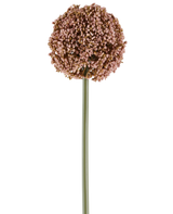 Una única flor artificial Allium de 75 cm en color malva, con un largo tallo verde y un gran racimo redondo de pequeños capullos malva, representada sobre un fondo blanco.