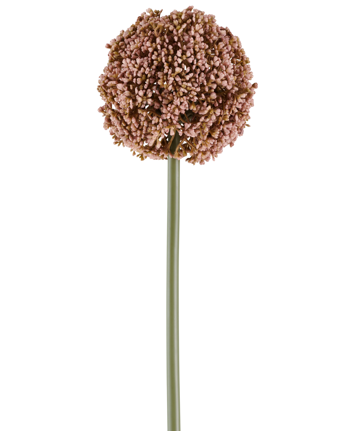 Una única flor artificial Allium de 75 cm en color malva, con un largo tallo verde y un gran racimo redondo de pequeños capullos malva, representada sobre un fondo blanco.