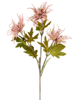 Un solo tallo de flor artificial Armeria maritima, de 67 cm de color rosa viejo, con varias hojas verdes y tres flores puntiagudas de color rosa viejo, representado sobre un fondo blanco liso.