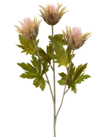 Flor artificial Cardo 67 cm rosa antiguo se compone de tres flores artificiales de cardo puntiagudas de color rosa y dorado con hojas verdes sobre tallos grises, representadas sobre un fondo blanco.