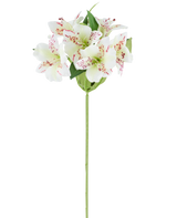 Flor artificial Alstroemeria de 47 cm de color crema con pétalos de color crema y sutiles motas rojas, complementadas con hojas verdes sobre un único tallo verde, representada sobre un fondo blanco.