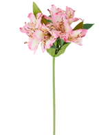 Una sola flor artificial de Alstroemeria de 47 cm, rosa/crema, con varias flores de color rosa y crema y hojas verdes, mostrada sobre un fondo blanco.