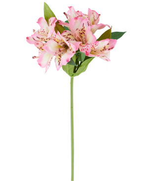 Una sola flor artificial de Alstroemeria de 47 cm, rosa/crema, con varias flores de color rosa y crema y hojas verdes, mostrada sobre un fondo blanco.