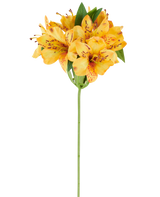 Una flor artificial de Alstroemeria de 47 cm, amarilla, con vibrantes pétalos con manchas de color amarillo anaranjado y exuberantes hojas verdes en un solo tallo verde, fotografiada sobre un fondo blanco.