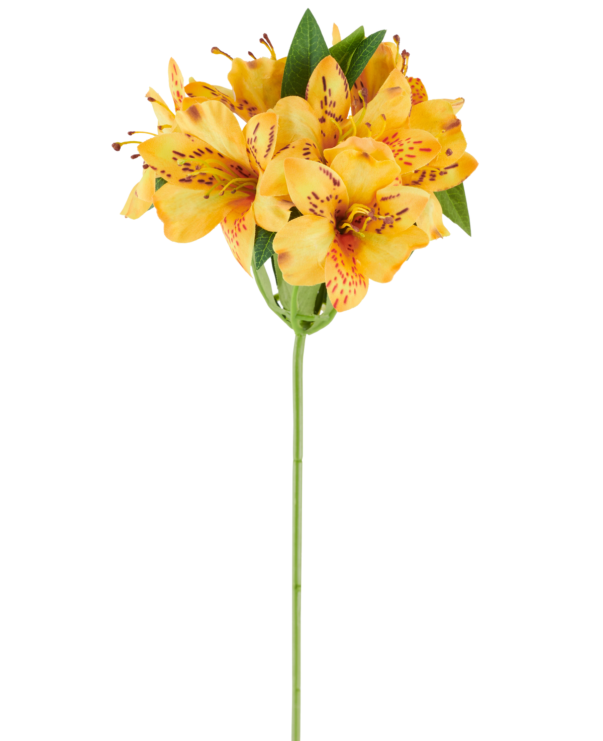Una flor artificial de Alstroemeria de 47 cm, amarilla, con vibrantes pétalos con manchas de color amarillo anaranjado y exuberantes hojas verdes en un solo tallo verde, fotografiada sobre un fondo blanco.